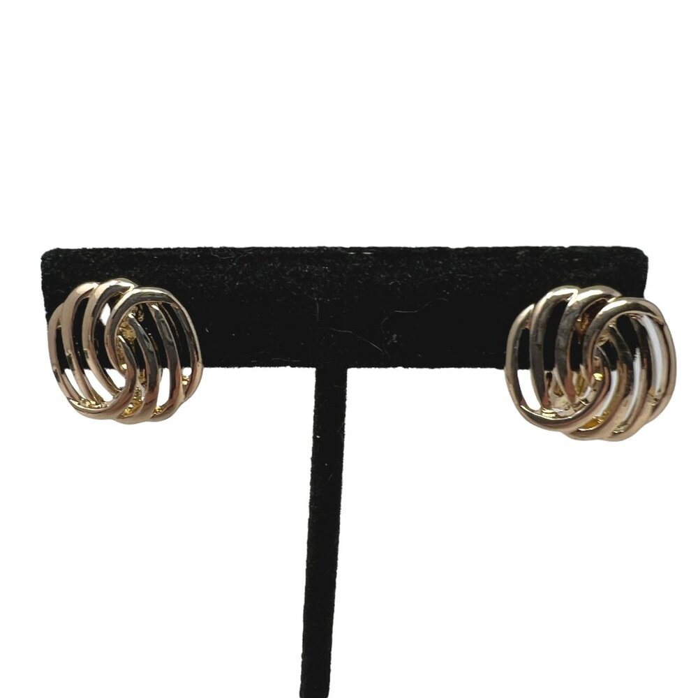 HMN Earrings Shiny Gold Tone Intertwined Ovals Vintage Clip‎ On